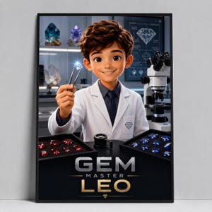 Peut inclure: Une affiche montrant un personnage de dessin animé en blouse blanche tenant un diamant avec une pince. Il est entouré de plateaux de pierres précieuses rouges et bleues, d'un microscope et d'un schéma de diamant. Texte : GEM MASTER LEO.