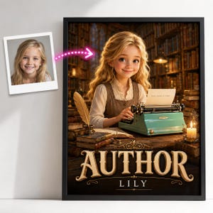 Peut inclure: Un portrait numérique encadré montrant une jeune fille blonde assise à un bureau avec une machine à écrire turquoise, une plume et des livres dans une bibliothèque. Le texte "AUTHOR" et "LILY" figure au bas de l'impression.