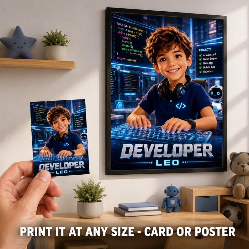 K&ouml;nnte beinhalten: Ein gerahmtes Poster und eine kleine Karte mit einer jungen Person mit Kopfh&ouml;rern, die vor einem Computer mit Code auf dem Bildschirm sitzt. Der Text lautet DEVELOPER LEO. Der Hintergrund zeigt eine digitale Oberfl&auml;che mit Projekten.