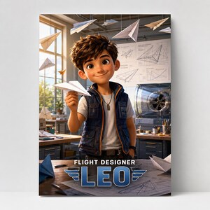 Individuelles Papierflieger-Poster für Kinder, personalisierte Wanddekoration für Jungen, Foto-zu-Flugzeug-Designerporträt, digitales Geschenk für Erfindersöhne (STEM)