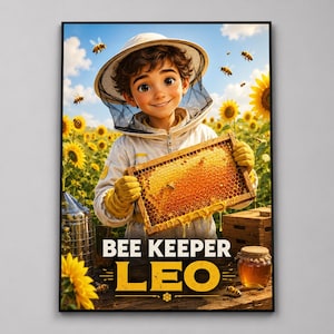 Individuelles Imker-Poster für Kinder, personalisiertes Honig-Wandbild für Jungen, Foto wird zum Naturforscher-Porträt, digitales Geburtstagsgeschenk für bienenbegeisterte Söhne