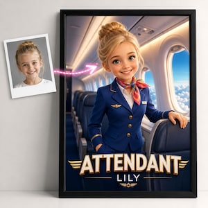 Individuell gestaltetes Poster für Flugbegleiterinnen, personalisiertes Wandbild für angehende Kabinenbesatzungsmitglieder, Porträt einer jungen Flugbegleiterin, Geschenk zum digitalen Download