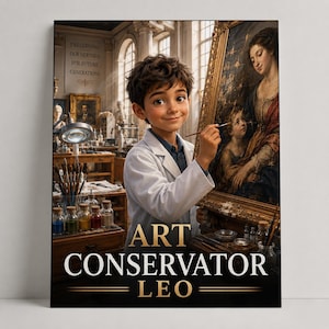 Individuell gestaltetes Poster zum Thema Kunstrestaurierung für Kinder, personalisiertes Wandbild für Jungen im Museumsstil, Foto-zu-Gemälde-Restaurierungsporträt, kreatives Geschenk für Söhne (digital)