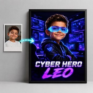 Peut inclure: Un portrait numérique encadré d'une jeune personne portant des lunettes futuristes bleu vif et un sweat à capuche sombre, sur fond d'écrans de données bleu néon. Le texte CYBER HERO LEO est affiché en lettres blanches et violettes.