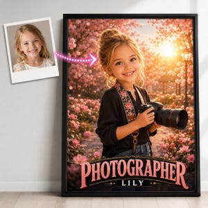 Anpassad fotografflickaposter, personlig väggkonst för framtida fotograf, porträtt av ung professionell fotograf, digital nedladdningsbar gåva