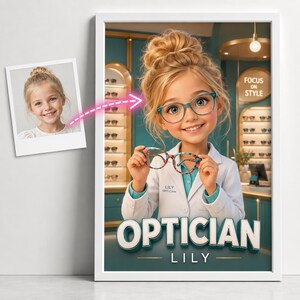 Individuelles Poster für Optikerinnen, personalisiertes Wandbild für angehende Optikerinnen, Porträt einer jungen Brillenexpertin, Geschenk zum digitalen Download