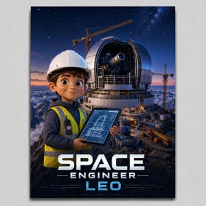 Peut inclure: Un personnage de dessin animé portant un casque de chantier blanc et un gilet de sécurité jaune tient une tablette affichant un plan technique bleu. En arrière-plan, un grand dôme d'observatoire sur un sommet montagneux sous un ciel étoilé.