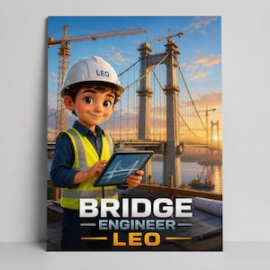 Custom Bridge Engineer Poster for Kids, Personalized Boy Construction Wall Art, Photo to Architect Portrait, STEM Son Birthday Gift Digital