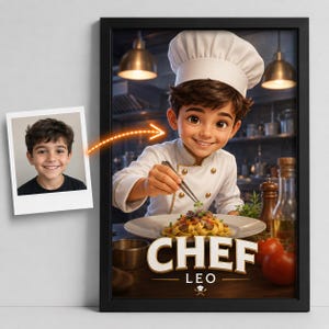 Individuell gestaltetes Poster für junge Köche, personalisiertes Wandbild für angehende Köche, Porträt einer Restaurantküche, Geschenk zum digitalen Download