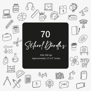 Puede incluir: Dibujo lineal en blanco y negro de 70 garabatos escolares, incluyendo un portátil, lápiz, tijeras, calculadora y libros. La imagen incluye el texto "70 School Doodles" y mide aproximadamente 30x30 cm.