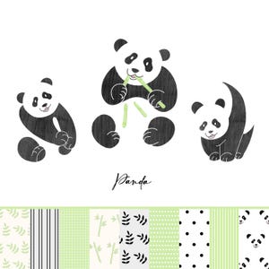 May include: Three panda illustrations in black and white on a white background. One panda is eating bamboo, another is sitting, and the third is in a playful pose. The word "Panda" is written in cursive below the pandas.