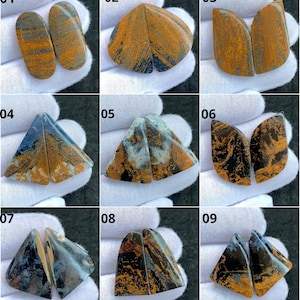 May include: A collection of nine pairs of polished gemstones, each with unique patterns and colors. The stones feature a mix of brown, gold, blue, and black hues, with variations in shape and design. The gemstones are displayed on a white surface.