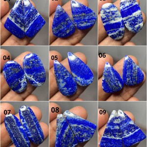 May include: Nine pairs of lapis lazuli gemstones are shown, each with a distinct shape and pattern. The stones vary in deep blue hues, with white streaks and gold flecks. The gemstones are presented against a neutral backdrop.