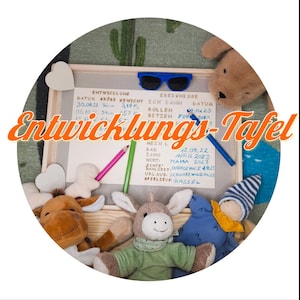Puede incluir: Un tablero con marco de madera con notas manuscritas y el texto "Entwicklungs-Tafel" en naranja. El tablero está rodeado de animales de peluche, incluyendo un perro marrón, un burro y un gnomo azul. Gafas de sol azules descansan en el tablero.