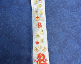 Red Dragon Mahjong Necktie, Pastel Blue Polyester, Sublimated Print