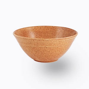 May include: A speckled, light brown ceramic bowl with a wide, shallow design. The bowl has a textured surface and a slightly flared rim. The bowl is likely used for serving food or as a decorative piece.