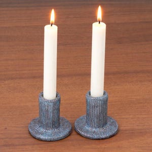 Handmade Ceramic Candlestick Holders | Textured Surface | Floating Blue Glaze | Sold as Pair | 2.75” W x 2.75” H x 1" Dia