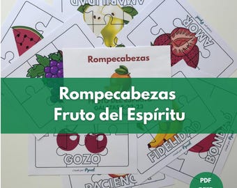 May include: A collection of white puzzle pieces with fruit illustrations, including a watermelon, grapes, and strawberries. The puzzles feature words like "Love" and "Joy" in Spanish. The text "Rompecabezas Fruto del Espíritu" is displayed on a green banner.