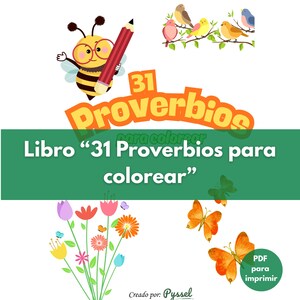 Puede incluir: Ilustración colorida para un libro para colorear titulado "31 Proverbios para colorear". La imagen presenta una abeja de dibujos animados sosteniendo un lápiz, pájaros en una rama, flores y mariposas. El texto "31 Proverbios" es prominente.