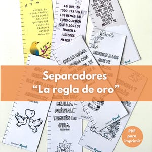 Puede incluir: Un conjunto de marcadores imprimibles con diversos diseños y texto. Los marcadores presentan ilustraciones de aves, palomas y elementos florales. El texto incluye versículos bíblicos y la frase "La regla de oro". Cada marcador tiene un diseño de regla.