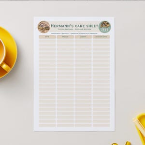 Peut inclure: Une fiche de soins intitulée "Hermann's Care Sheet" avec un graphique de tortue. La fiche comprend des sections pour la date, le poids, la longueur et le rapport de Jackson. Une tasse et une soucoupe jaunes sont à gauche, et un plateau jaune avec un stylo est à droite.