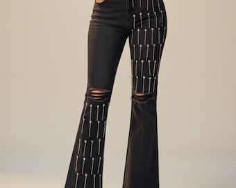 Pearl Embellished Silver & Black Embroidered Flare Denim Jeans