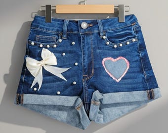 Trendy Heart Cutout Embroidered Denim Shorts with Pearls | Cutoff Jeans Wide-Leg Summer Jean Shorts Made To Order