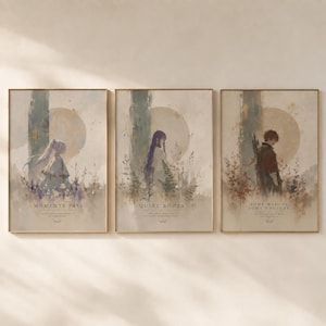 May include: A set of three vertical wall art prints in gold frames. Each print features a watercolour-style illustration of a figure amidst plants and a large moon. The text reads: MOMENTS PASS, QUIET ROOTS, and SOME WEIGHT, SOME CHOICES.
