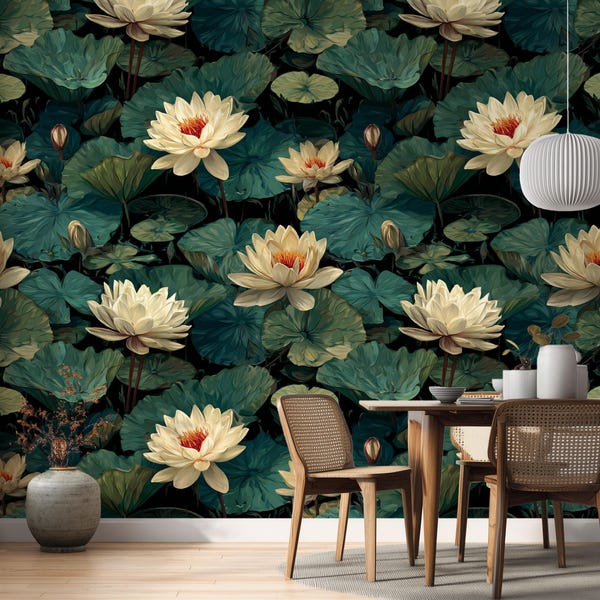 Luxury Lotus Flower Wallpaper | Dark Botanical Water Lily Mural