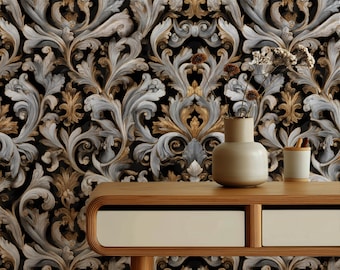 Vintage Victorian Wallpaper - 3D Gold & Silver Ornate Mural - Antique Damask Wall Decor