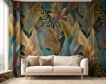 Luxury Tropical Leaves Wallpaper Peel an Stick  | Deep Jungle Botanical Mural