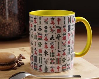 Taza de café con diseño de fichas de Mahjong de 325 ml, impresa en superficie plana. Fichas de Mahjong. Mahjongg Mah Jongg Jong, regalo para los amantes del mahjong, juego de mesa.