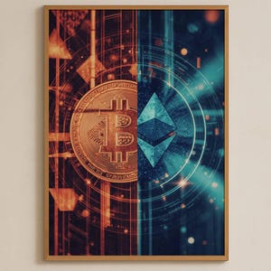 Bitcoin Ethereum Split Art Print, Crypto Fire and Ice Wall Art, BTC ETH Poster, Blockchain Office Decor, Digital Download Printable A1-A4