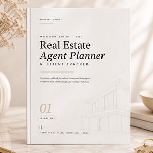 May include: A white Real Estate Agent Planner & Client Tracker book with the text "DIGITALSTUDIOZT" and "PROFESSIONAL EDITION - 2026". The book has a minimalist design with a house illustration and the words "Clarity for every lead, listing, and closing."