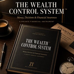 以下が含まれることがあります： 木製の表面に置かれた、金色の文字で「THE WEALTH CONTROL SYSTEM」と書かれた黒い本、ペン、コーヒーカップ、懐中時計。本のサブタイトルは「Money, Decisions & Financial Awareness」です。背景には新聞があります。