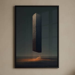 以下が含まれることがあります： 暗く長方形のモノリスが霞んだ大気中に浮かんでいる、額装されたアートプリント。 アートワークはテクスチャ加工された表面を持ち、オレンジ色の地平線の上にあります。 プリントは、ベージュのクッションが付いたベッドの上に表示されています。
