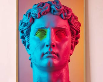 Neon Greek Statue Print | Vaporwave Art | Cyan Pink Wall Decor | Digital Download | Modern Classical | Aesthetic Poster Design | Minimalist