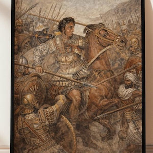Alexander the Great Battle Wall Art, Classical Ancient Warrior Painting, Historical Military Canvas Print, Vintage Museum Style Decor, Retro
