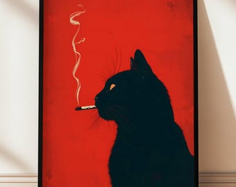 Cat Print Tuxedo | Black Cat Red Background | Funny Cat Wall Art | Vintage Style Pet Poster | Digital Download Cat Decor | Retro Wall Art