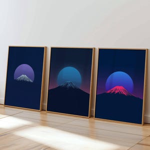 Set of 3 Dark Japanese Prints, Synthwave Fuji Triptych, Neon Sunset Poster, Midnight Blue & Purple Aesthetic Wall Art, Digital Download