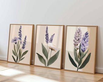 Lavender Flower Print Set Of 3, Botanical Wall Art, Purple Floral Printable, Cottagecore Decor, French Country Wall Decor, Wildflower Poster
