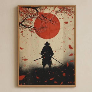 Samurai Silhouette Wall Art, Japanese Sakura Red Sun Poster, Minimalist Bushido Warrior Print, Edo Style Culture Decor, Digital Download