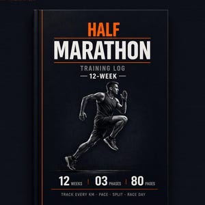 Puede incluir: Un registro de entrenamiento negro y naranja para un medio maratón. La portada presenta las palabras "HALF MARATHON" y "TRAINING LOG - 12-WEEK" con un gráfico de corredor. El registro incluye 12 semanas, 3 fases y 80 páginas. El texto dice "Track every km - pace - split - race day."