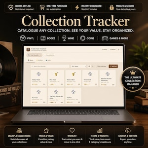 May include: A laptop displaying a Collection Tracker software interface with a grid of vinyl records, including titles like Abbey Road and Thriller. The screen shows item details, star ratings, and monetary values. The interface is clean and organized.