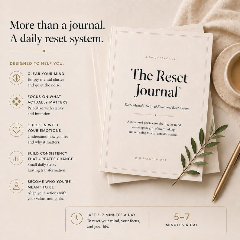 May include: A stack of cream-colored journals titled "The Reset Journal" with gold accents. The cover text includes "Daily Mental Clarity & Emotional Reset System." A sprig of greenery and a gold pen are placed nearby.