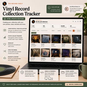 May include: A laptop displaying the Vinyl Record Collection Tracker software interface, featuring a grid of album covers, collection statistics, and navigation menus. The screen shows text including My Record Collection, 247 Records, and 163 Artists.