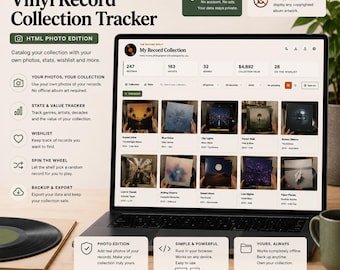 Vinyl Record Collection Tracker with Cover Photos | Offline HTML Catalog App | Wishlist, Stats, Value Log & Backup | Vintyl Tracker