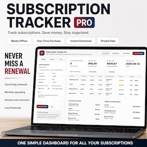 Könnte beinhalten: Ein Laptop zeigt das Subscription Tracker Pro Dashboard, ein digitales Werkzeug zur Verwaltung wiederkehrender Zahlungen. Der Bildschirm zeigt Tabellen für aktive Abonnements, monatliche Kosten, jährliche Gesamtsummen und Verlängerungsdaten.