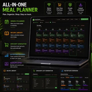 May include: A laptop displaying an all-in-one meal planner interface with a dark theme. The screen shows a weekly calendar, recipe library, grocery list generator, and nutrition tracking dashboard with various charts, icons, and text labels.