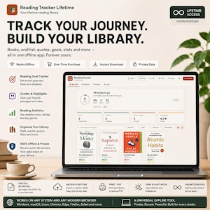 Op de afbeelding: Een laptop met de interface van de Reading Tracker applicatie, met een dashboard met boekomslagen, leesstatistieken en doelstellingen. Het scherm toont de tekst Track Your Journey, Build Your Library en Lifetime Access.